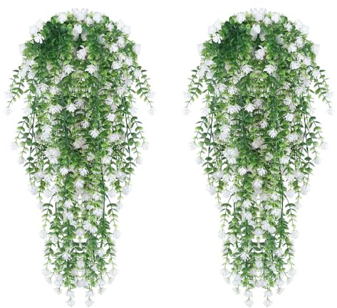 Leixi 4Pcs Artificial Hanging Flowers, UV-Resistant Fake Hanging Plants Flower Bouquet for Wall Home Room Garden Yard Patio Wedding Indoor Outdoor Decoration (White)