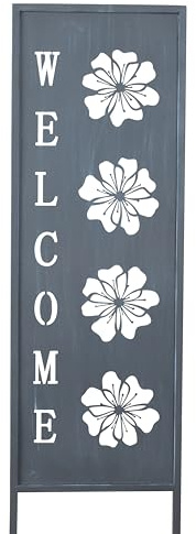 Plaque de jardin Welcome décorée de fleurs en métal gris hauteur 83 cm largeur 22 cm