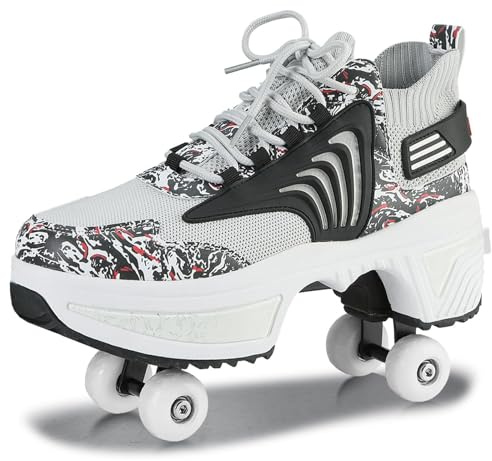 Roller Skate Shoes for Women, Shoes with Wheels with 4 Retractable Wheels, 2-in-1 Outdoor Roller Skates and Trainers, Roller Skate Shoes for Children, Teenagers, Boys, Black, Foot length 26CM/10.2IN