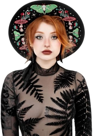 Restyle Clothing Hexenhut mit breiter Krempe, Sommer- und Herbstmode, Tag- und Nachtgleiche, Damenmodeaccessoire, Schwarz, Wolle, Gothic, Nugoth, Wicca, okkulter Stil, Fedora