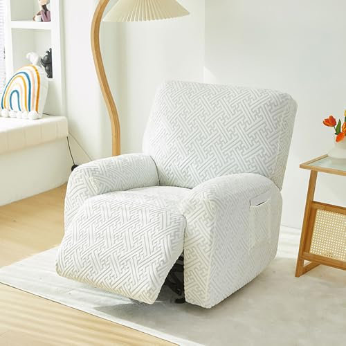 Chickwin Sesselschoner für Relaxsessel, 1 Sitz Fernsehsessel Bezug mit Taschen Sesselschoner für Fernsehsessel Gebürsteter Jacquard, Stretch Sesselschoner mit Armlehne (Weiß)