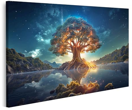 islandburner Yggdrasil - Quadro su tela con albero della vita luminoso, colorato, sacro, mitologia nordica