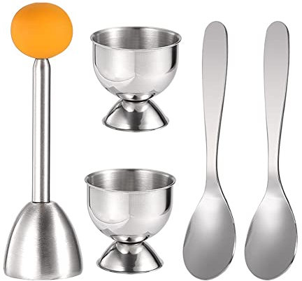 Plookyoe Egg Cracker Topper Set Soft Hard Boiled Eggs Separator Tool 2 Egg Cups,2 Metal Spoons&1 Soft Boiled Egg Cutter or Opener Silver