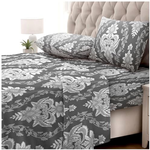 GC GAVENO CAVAILIA Brushed Cotton Fitted Sheet, Flat Sheet & Pillowcases - 4 Pieces Flannelette Bedding Double Bed - Thermal, Warm Flannel Bed Sheets Grey - Easycare - Machine Washable