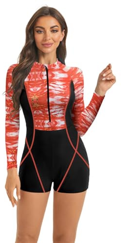 OMEWEE Women One Piece Rash Guard Long Sleeve Swimming Suit for Ladies Marble Print Swimsuit Boyleg Zip Front Wetsuit Round Neck Bathing Suit Surf Holiday Beachwear Red S
