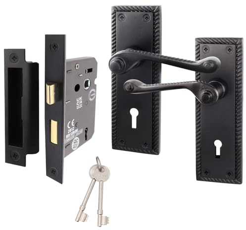 EAI Matt Black Door Handles with Sash Lock 64mm - Rope Scroll | Complete Sash Lock Kit with 1 Pair of Georgian Scroll Roped Edge Lever Door Handles, 64mm Sash Lock, Fixings Included