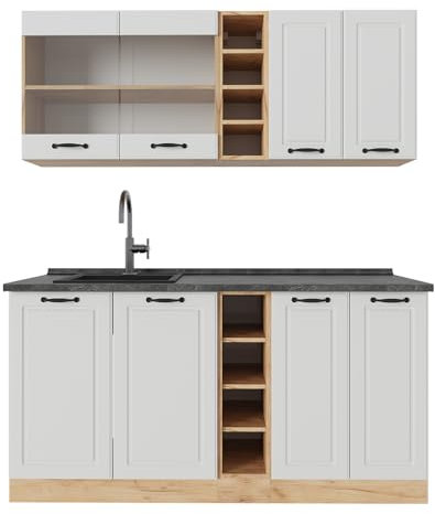 Vicco Singleküche R-Line, Weiß Landhaus/Goldkraft Eiche, 160 cm, AP Anthrazit