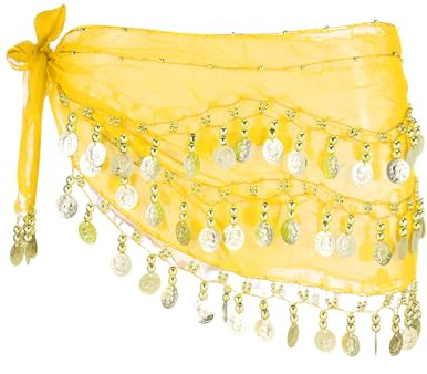 sourcing map Belly Dance Hip Scarf 55x10, 1 Pack Women's Belly Dance Costume Skirt Wrap with 98 Gold Coin for Dance or Yoga Class, Yellow