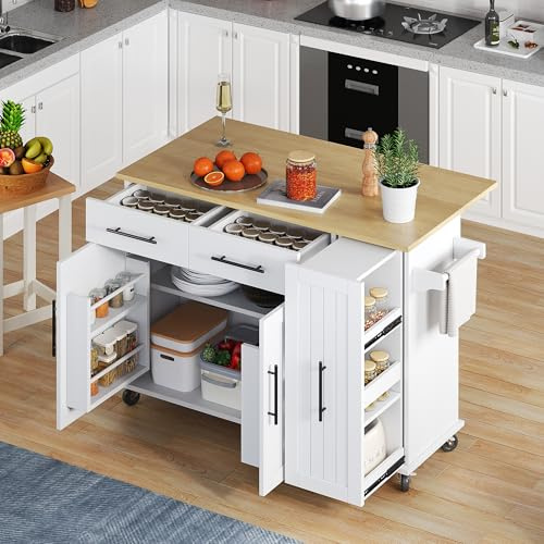 Huayz Isla de cocina con encimera plegable, carrito de cocina móvil con 2 puertas, 3 cajones, espacio de almacenamiento extensible para estante de especias, estantes de toallas en el lateral, 120 x 40