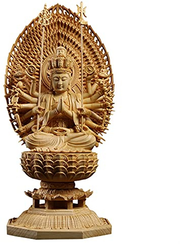7LiuYueFei6 1pcs Cypress Wood 28cm Thousand Hand Guanyin Sculpture Buddhist Temple Worship Solid WoodStatue Home DecorStatue SurongL