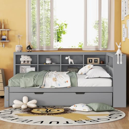 Plattformbett mit Ausziehbett 140x200cm(90x190cm), Ausziehbares Schlafsofa Tagesbett mit Bücherregal & USB Ladefunktion, Multifunktionsbett Gästebett Daybett Kinderbett Jugendbett,Grey