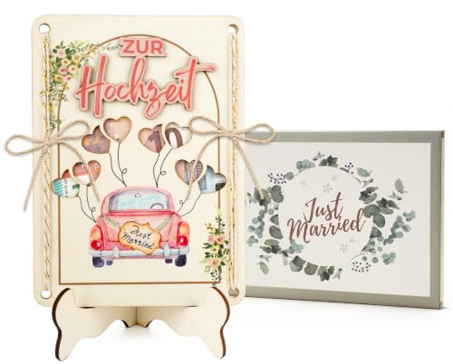 Mason Life Geldgeschenk Hochzeit aus Holz mit Standfuß, Hochzeitsauto Glückwunschkarte, Originelles Hochzeitsgeschenk für Brautpaar, dekorative Geldkarte Hochzeit zum Aufstellen