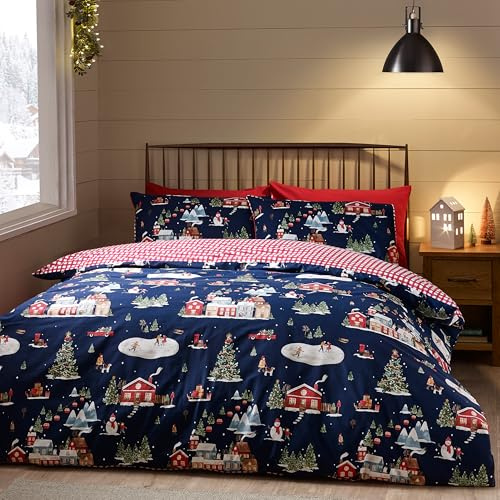 Catherine Lansfield Christmas Ski Village Reversible Double Duvet Cover Set with Pillowcases Navy Blue