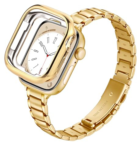 G-ficu Slim Metal Band with Case for Apple Watch Straps Women 41mm 40mm 38mm, Thin Stainless Steel Band with Protective Cover, iWatch Strap for Apple Watch Series 9 8 7 6 5 4 3 2 1 SE Strap, Gold