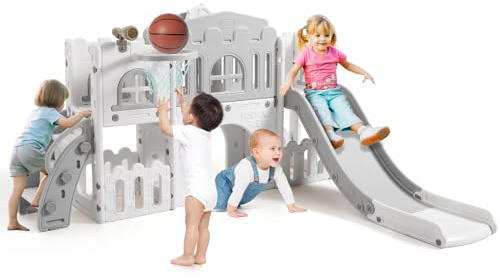 Kinder Rutsche 8 in1 Mit Klettern, Teleskop, Basketballkorb,Tunnel, Bohrspiel und Stauraum, Kleinkinderklettergerüst für Kleinkinder 1–3 Jahren