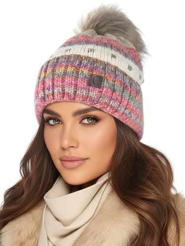Baesics Bommelmütze Damen Herren - Bunt Wintermütze Kunstfell Bommel warm | Mit flauschigem Pompon und weichem Fleecefutter, Größe ca. 54-58 cm, Strick aus der EU. Warm für Herbst, Winter und als