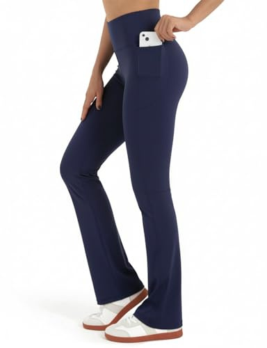 Zylioo höga utsvängda leggings för kvinnor, lång innersöm med fickor, Marinblått Xsp, XL/tall