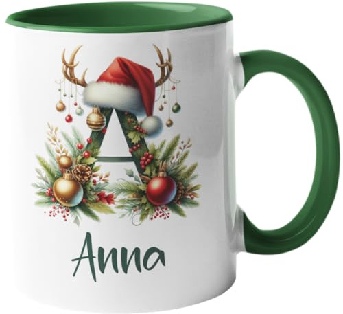 Tasse mit Namen und Anfangsbuchstabe personalisiert - Weihnachtstasse Advent Nikolausgeschenk - Initiale - Buchstabentasse - Namenstasse - Monogram 330ml (Grün)
