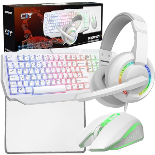 Scorpion 4-in-1 Gaming Set, Keyboard with RGB LED, 2400 DPI Mouse, Mouse Mat, LED Gaming Headset, UK Layout, Fully Wired (White)