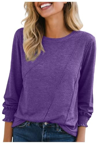 T-shirt à manches longues femme col rond mode basique haut uni printemps pull à plis chemise chic automne ample tunique tops convient pour un usage quotidien