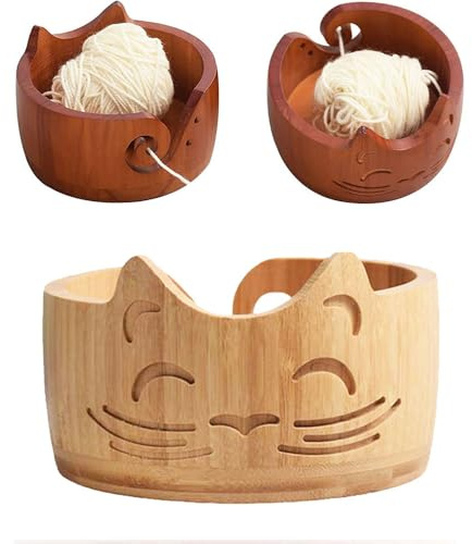 bergxperten StitchNest Bol à laine chat en bois — anti-emmêlement 17 x 10 cm, grand bol à tricoter et bobinoir pour accessoires de crochet
