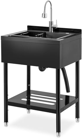 Freestanding Utility Sink, 25.6×20.5×39.4 Stainless Steel Single Bowl Kitchen Sink with Cold and Hot Water Pipe, Storage Shelf and Adjustable Legs, for Laundry Room Bathroom Farmhouse