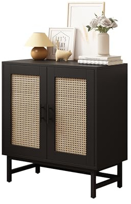 FUSIDE 2 Door Sideboard Storage Unit Cabinet with Metal Frame,Wooden Storage Cupboard for Living Room/Bedroom/Kitchen,Rattan Style,77x37x80cm (Black)