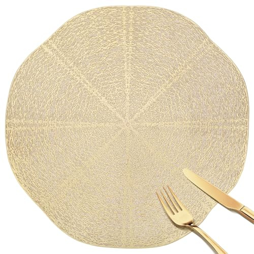 fanquare Tovagliette Rotonda PVC Oro Dorate Traforati Eleganti 6 pezzi,38cm Tovaglietta da Tavola Lavabile Impermeabili per Decorazione Cucina Sala da Pranzo