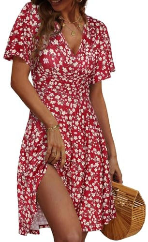 CheChury Vestido Verano Mujer Elegante Ligero Vestidos Casual Mujer Frescos con Estampado Floral Bohemio Manga Corta Cuello en V Corto Vestidos Boho Florales Vintage Mini Vestido de Playa Vacaciones