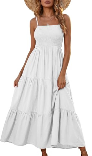 Générique Robe Ete Femme Chic Et Elegant sans Manches avec Bretelles Fines Robe Longue Femme Ete Fluide pour Plage Et Quotidien avec Haut Smocké Et Jupe À Volants