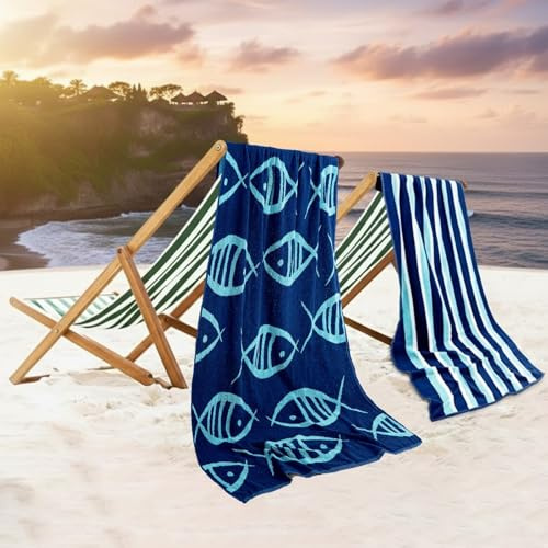 CASA COPENHAGEN Miami Teli Bagno, Set da 2 Pezzi in Cotone – Asciugatura Rapida e Resistenti, 76 x 152 cm – Pesci a Righe Blu Navy e Turchesi