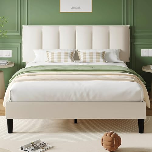 VECELO Lit Double Rembourré 140x190 cm, Sommier Plateforme avec Support à Lattes en Bois Solide, Tissu Velours, Assemblage Facile, Beige