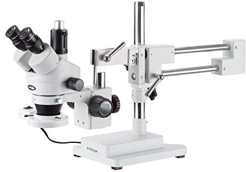 AmScope SM-4TP-FRL Simul-Fokales Fluoreszierendes Trinokulares-Boom-Stereomikroskop, 7X-45X, Weiß