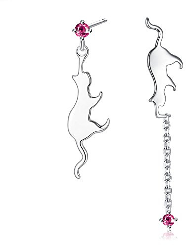 VIKI LYNN Boucles d’oreilles pendantes chat mignon boucle d’oreille clou en argent fin 925 et zircon rouge cadeau noël anniversaire femme fille