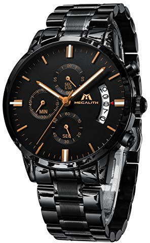 MEGALITH Herrenuhr Schwarz Edelstahl Militär Chronographen Herren Armbanduhr Wasserdicht Analog Uhren fur Männer Großes Ziffernblatt Leuchtende Datum