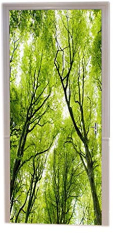 A.Monamour Türtapeten Selbstklebend 3D Waldbäume Mit Grünen Blättern Blauer Himmel Im Hintergrund Natur Landschaft Bild Türtapete Türposter Tapete 77x200cm