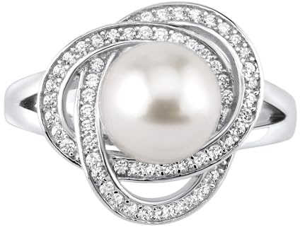 SILVEGO Damen Ring aus 925 Sterling Silber mit weißer natürlicher Perle und Zirkonia
