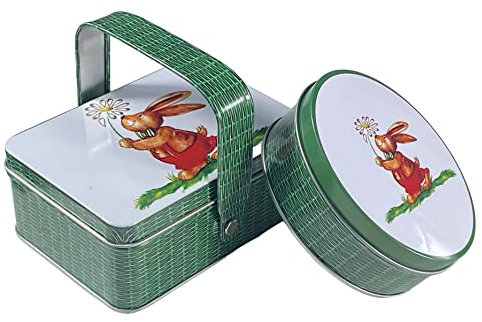 MediMuc Set Hasenkorb - Dose, Bonbondose, Geschenkdose, Bonbondose, Osterdose, kleine Sammlerdosen - Maße: (Länge x Breite x Höhe): 10,3 x 7,5 x 4,0cm