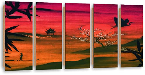 Feeby Tableau mural 200x80 cm Soleil rouge Japon Pagode Grue 5 pièces Impression Image Photo Graphique Tableux Couloir Fleurir des cerisiers Asie Bambou rouge