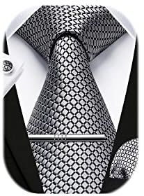 HISDERN Herren Hochzeit Splitter Krawatten und Einstecktuch Krawatte Plaid Manschettenknöpfe-Krawattenklammer-Set