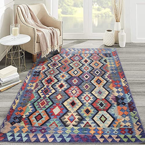 NETLINE HOME Washable Area Rugs for Living Room Traditional Flatweave Rug Non Slip Kitchen Rug - Decorative Floor Mats Low Pile Vintage Rugs Boho Design Hallway Carpets for Bedroom - Multicolour