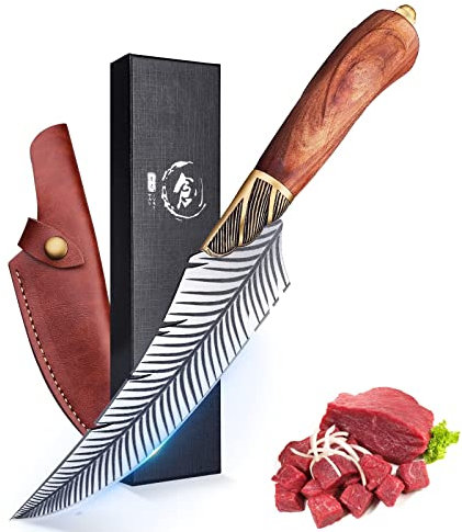PURPLEBIRD Geschmiedetes Küchenmesser mit Lederhülle, Scharfes Ausbeinmesser mit Holzgriff Outdoor Messer