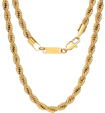 VEXXS Rope Chain, 18K Real Gold Plated Rope Necklace Mens Gold Chain, Durable No Color Fading 3mm 4mm 5mm Miami Cuban Link Chain Men’s Necklace 46-66cm
