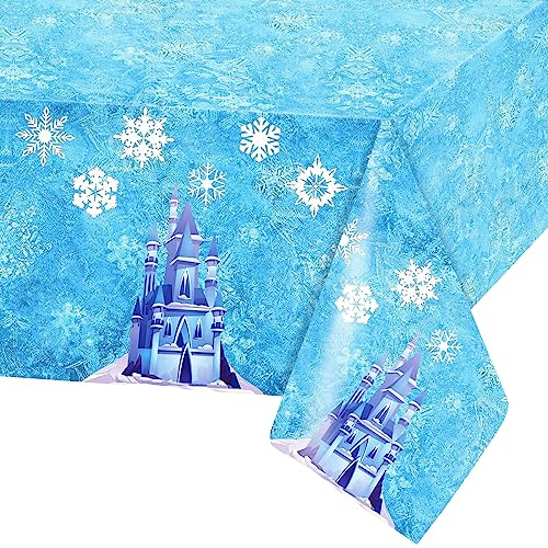POPOYU Snowflake Plastic Tablecloth,137 x 274cm Table Cloth Party,Party Decorations,Blue Ice Castle Table Cover for Christmas,Baby Shower,Winter Themed Party Decorations