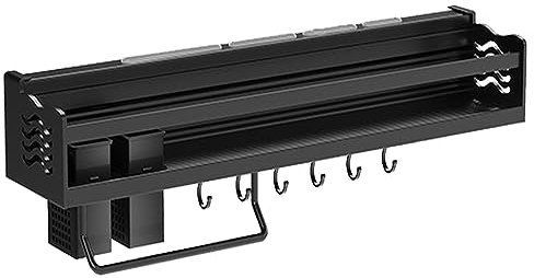 Yopyuenn Wand Montiert Gewürzregal, Metall Küchenregal Ohne Bohren mit 6 Haken 2 Hängebechern, Hängend Multifunktionales Regal Gewürzhalter für Küche Bad(40cm, Schwarz)