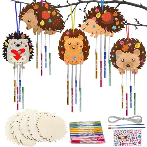 Giugio 5tlg Windspiel Bastelset Kinder, DIY Igel Klangspiele Basteln Bastelset, Herbst Basteln Kinder mit 20 Windspiele, Igel Bastelsets Deko für Erntedankfest DIY Malen Dekoration