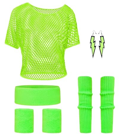 Clundoo 80er Jahre Outfit: Damen Neon Netzoberteil für Schlagerparty & Bad Taste Outfit (Grün)