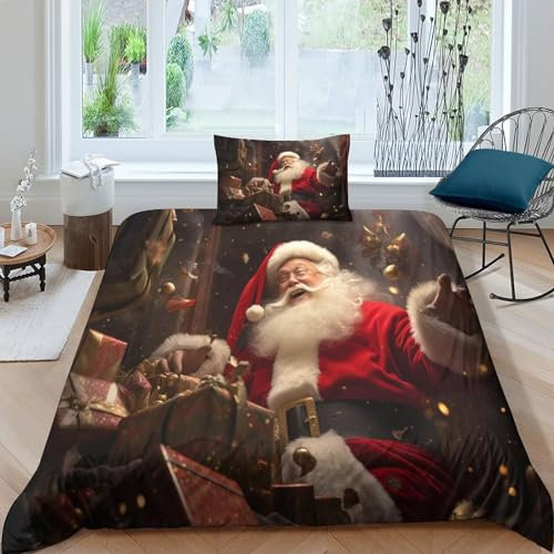 VesFy Babbo Natale Copripiumino A Tema Decorazione Natale Biancheria Da Letto 3D Con Copripiumino in Microfibra Con Cerniera Finta Per Bambini Adulti Single（135x200cm）