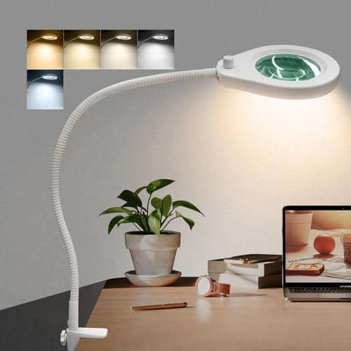 Beyamz Lampada LED con Lente d’Ingrandimento e Morsetto - Lente 105 mm 5X / Luce Dimmerabile 790 lm/Braccio Collo di Cigno 50 cm/Perfetta per Hobby & Lavori di Precisione (Bianco)