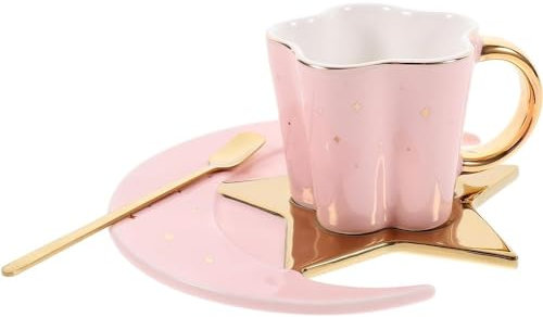 FülleMore Kaffeetasse mit Untertasse und Löffel Set Süß Stern Mond Teetasse Europäische Espressotasse 120ml Cappuccino Tasse Mochatasse Valentinstag Weihnachten Geburtstag Geschenk (Rosa)